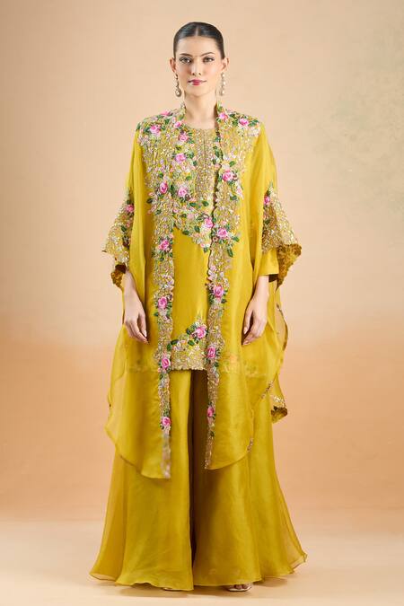 Prisho Mustard Embroidery Round Neck Resham Floral Kurta Palazzo Set at Aza Fashions Prisho_Mustard Embroidery Round Neck Resham Floral Kurta Palazzo Set _at_Aza_Fashions