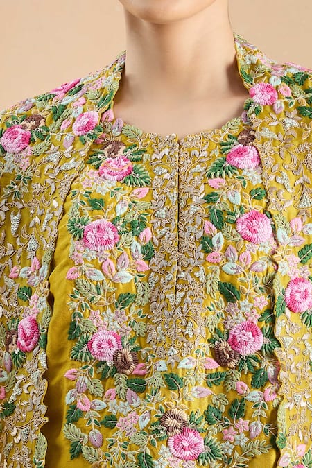 Buy Prisho Mustard Embroidery Round Neck Resham Floral Kurta Palazzo Set Buy_Prisho_Mustard Embroidery Round Neck Resham Floral Kurta Palazzo Set