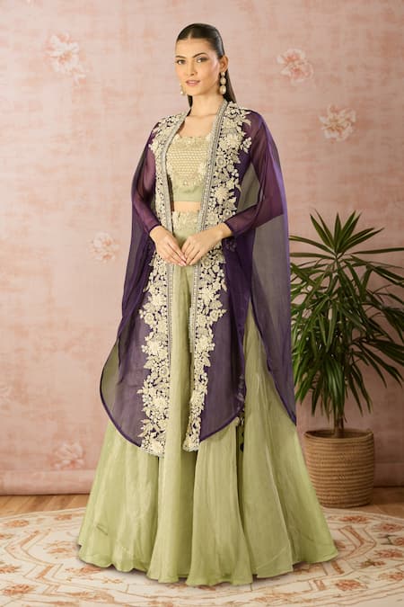 Prisho Sea Green Fusion Lehenga Set With Cape 