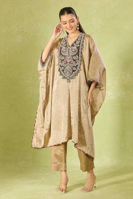 Buy Prisho Beige Tissue Embroidery V-neck Kaftan And Pant Set Online at Aza Fashions Buy_Prisho_Beige Tissue Embroidery V-neck Kaftan And Pant Set _Online_at_Aza_Fashions