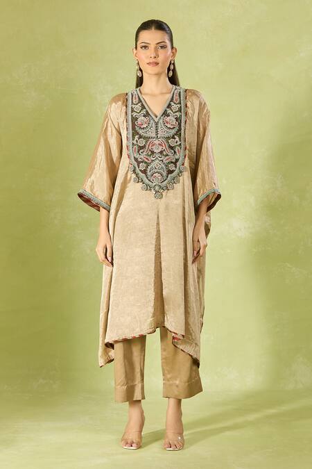 Shop Prisho Beige Tissue Embroidery V-neck Kaftan And Pant Set Online at Aza Fashions Shop_Prisho_Beige Tissue Embroidery V-neck Kaftan And Pant Set _Online_at_Aza_Fashions