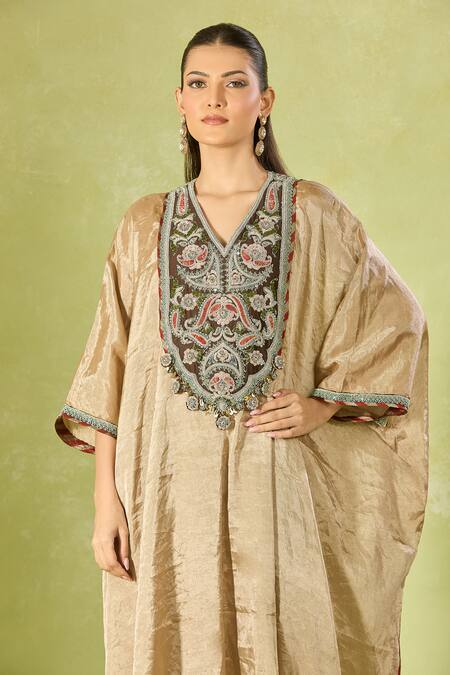Prisho Beige Tissue Embroidery V-neck Kaftan And Pant Set at Aza Fashions Prisho_Beige Tissue Embroidery V-neck Kaftan And Pant Set _at_Aza_Fashions