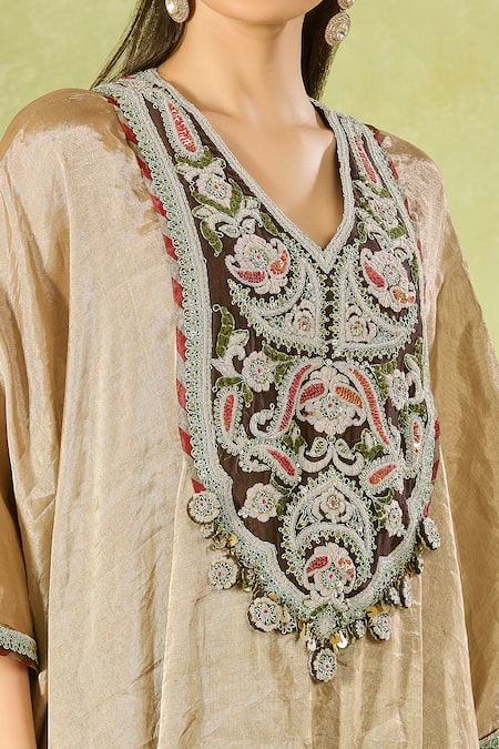Buy Prisho Beige Tissue Embroidery V-neck Kaftan And Pant Set Buy_Prisho_Beige Tissue Embroidery V-neck Kaftan And Pant Set