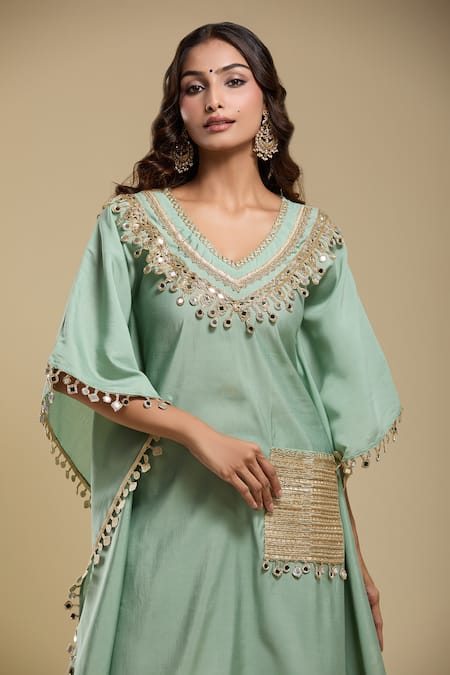 Buy_Samyukta Singhania_Green Tassels V-neck Embroidered Kaftan And Pant Set _Online_at_Aza_Fashions