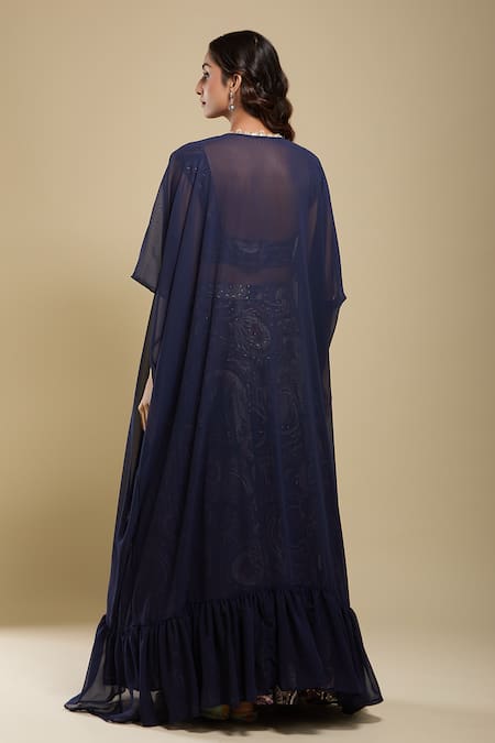 Samyukta Singhania Navy Blue Embroidered Cape Lehenga Set 