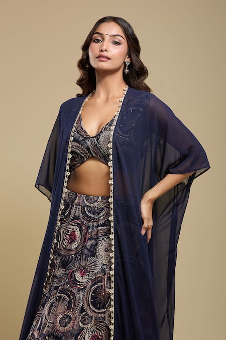 Buy Samyukta Singhania Navy Rayon, Organza Embroidery V-, Open Blue Cape Lehenga Set Online at Aza Fashions Buy_Samyukta Singhania_Navy Rayon, Organza Embroidery V-, Open Blue Cape Lehenga Set _Online_at_Aza_Fashions
