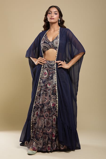 Samyukta Singhania Navy Blue Embroidered Cape Lehenga Set 