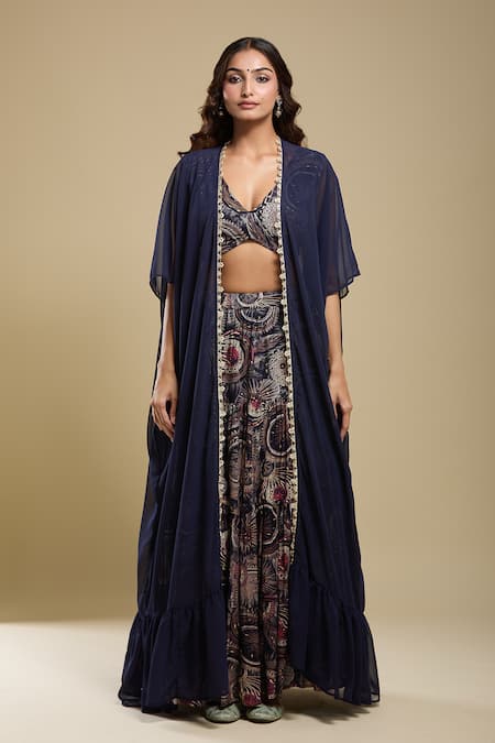 Shop Samyukta Singhania Navy Rayon, Organza Embroidery V-, Open Blue Cape Lehenga Set Online at Aza Fashions Shop_Samyukta Singhania_Navy Rayon, Organza Embroidery V-, Open Blue Cape Lehenga Set _Online_at_Aza_Fashions