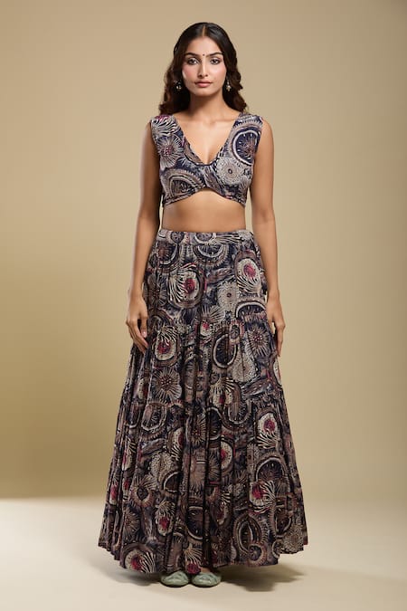 Buy Samyukta Singhania Navy Rayon, Organza Embroidery V-, Open Blue Cape Lehenga Set Buy_Samyukta Singhania_Navy Rayon, Organza Embroidery V-, Open Blue Cape Lehenga Set