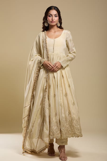 Samyukta Singhania_Cream Tissue Embroidery Round Neck Anarkali Set _Online_at_Aza_Fashions