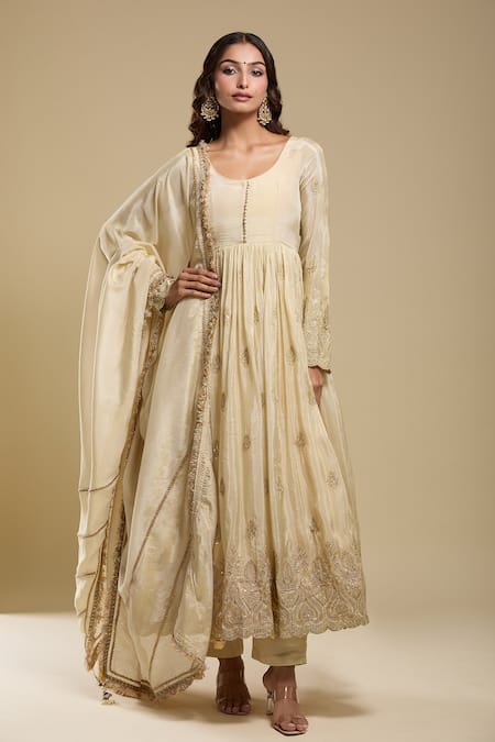 Buy_Samyukta Singhania_Cream Tissue Embroidery Round Neck Anarkali Set _Online_at_Aza_Fashions