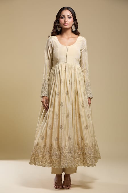 Samyukta Singhania_Cream Tissue Embroidery Round Neck Anarkali Set _at_Aza_Fashions