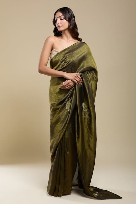 Naintara Bajaj_Green Tissue Embroidery Saree With Running Blouse _Online_at_Aza_Fashions