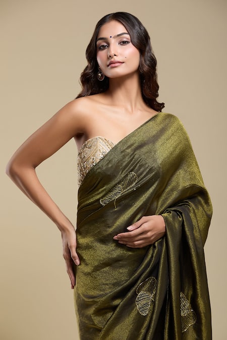 Buy_Naintara Bajaj_Green Tissue Embroidery Saree With Running Blouse _Online_at_Aza_Fashions
