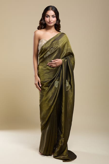 Shop_Naintara Bajaj_Green Tissue Embroidery Saree With Running Blouse _Online_at_Aza_Fashions