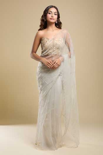 Samyukta Singhania Grey Organza Embroidered Saree Wit Running Blouse 