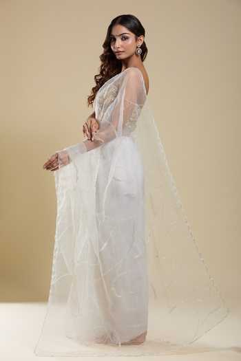 Samyukta Singhania Grey Organza Embroidered Saree Wit Running Blouse 