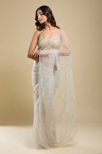 Shop Samyukta Singhania Gray Organza Sequins Grey Embroidered Saree Wit Running Blouse Online at Aza Fashions Shop_Samyukta Singhania_Gray Organza Sequins Grey Embroidered Saree Wit Running Blouse _Online_at_Aza_Fashions