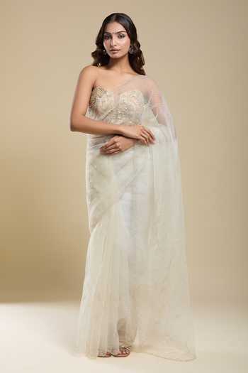Samyukta Singhania Cream Organza Embroidered Saree With Running Blouse 
