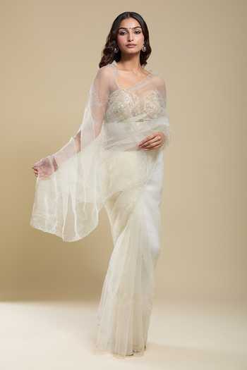 Shop Samyukta Singhania Cream Organza Embroidery Saree With Running Blouse Online at Aza Fashions Shop_Samyukta Singhania_Cream Organza Embroidery Saree With Running Blouse _Online_at_Aza_Fashions