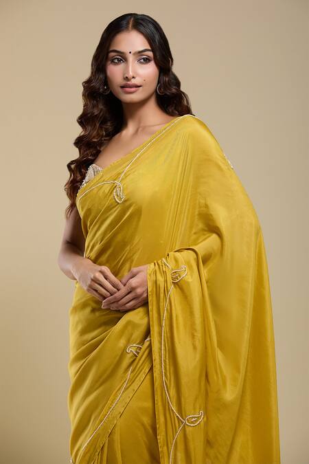 Naintara Bajaj_Yellow Tissue Embroidered Saree With Running Blouse_Online_at_Aza_Fashions