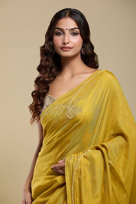 Buy_Naintara Bajaj_Yellow Tissue Embroidered Saree With Running Blouse_Online_at_Aza_Fashions