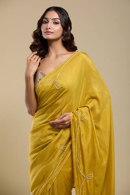 Naintara Bajaj_Yellow Tissue Embroidered Saree With Running Blouse_at_Aza_Fashions