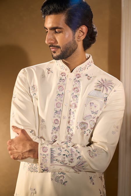 Shop_Aariyana Couture_Cream Silk, Cotton Embroidery Kurta And Trousers Set 