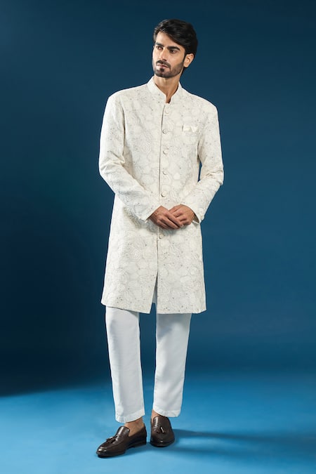 Shop_Arihant Rai Sinha_White Silk Embroidery Sherwani And Pant Set _Online_at_Aza_Fashions