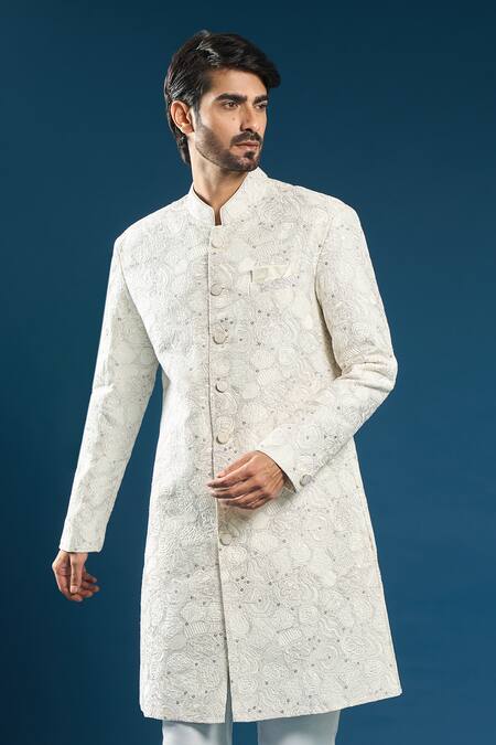 Arihant Rai Sinha_White Silk Embroidery Sherwani And Pant Set _at_Aza_Fashions