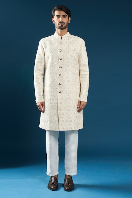 Arihant Rai Sinha_Cream Silk Embroidery Sherwani Set _Online_at_Aza_Fashions