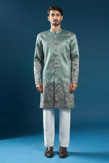 Shop_Arihant Rai Sinha_Green Silk Embroidery Metallic Sherwani Set _Online_at_Aza_Fashions