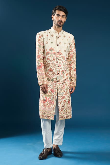 Shop_Arihant Rai Sinha_Cream Silk Embroidery And Red Sherwani Set _Online_at_Aza_Fashions