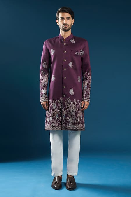 Buy_Arihant Rai Sinha_Wine Silk Embroidery Sherwani Set 