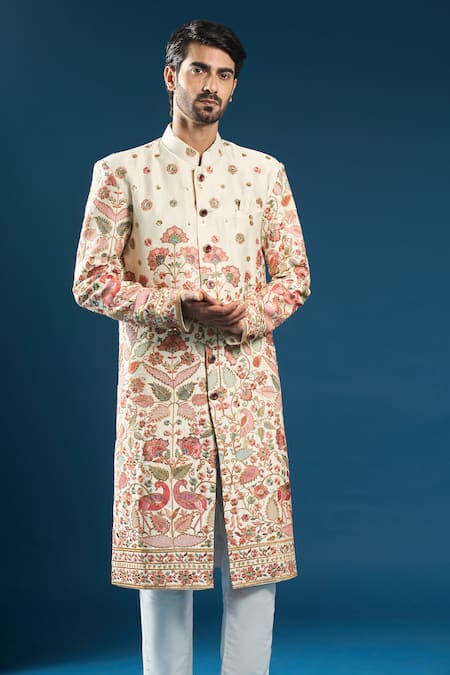 Arihant Rai Sinha_Cream Silk Embroidery And Red Sherwani Set _at_Aza_Fashions
