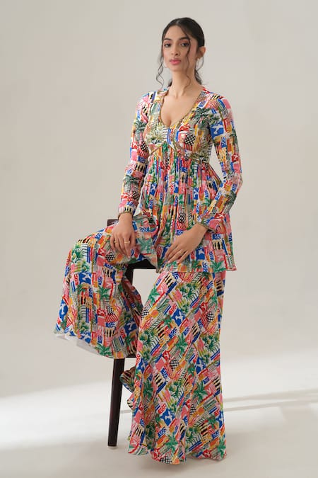 House Of Akshata Multi Color Crepe Embroidery Round Neck Radiant Bloom Peplum Set 
