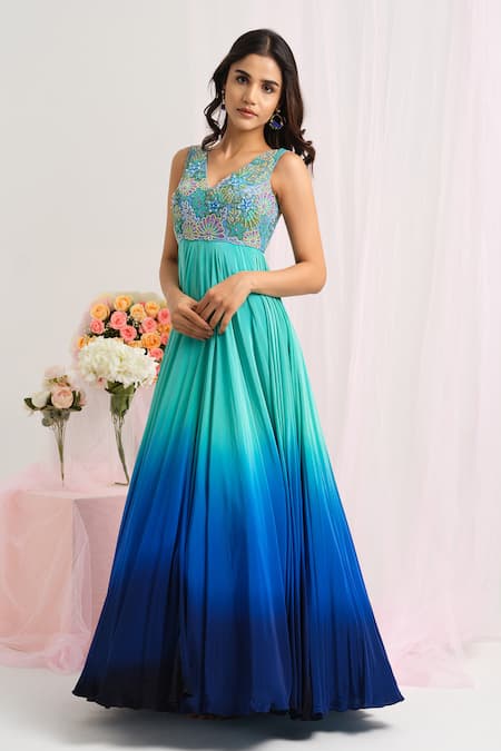 House Of Akshata Aqua Crepe Beads, Embroidery V-neck Turquoise Ocean Elegance Gown 