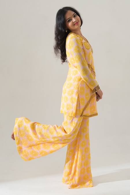 House Of Akshata_Yellow Georgette Embroidery V-neck Citrus Bliss Co-ord Set _at_Aza_Fashions