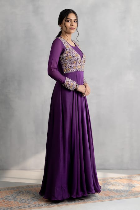 Shop_Neelu And Manvi_Purple Cotton, Silk Embroidery Round Neck Designer Gown _Online_at_Aza_Fashions