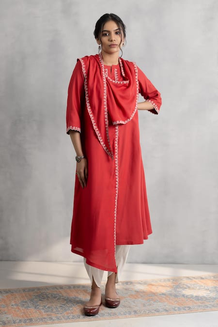 Neelu And Manvi Red Machine Embroidered Kurta & Dhoti Set 