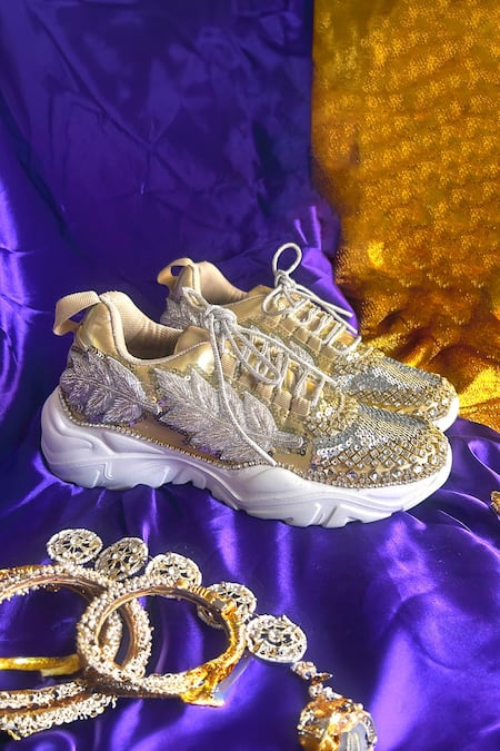 Chal Jooti_Gold Royal Jewel Embellished Sneakers _Online_at_Aza_Fashions