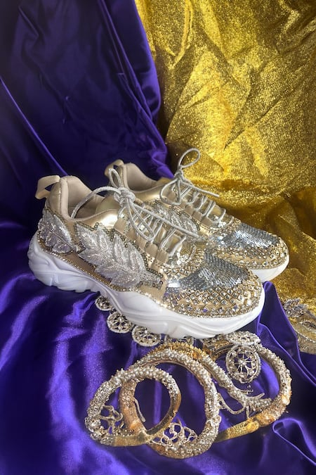Buy_Chal Jooti_Gold Royal Jewel Embellished Sneakers _Online_at_Aza_Fashions
