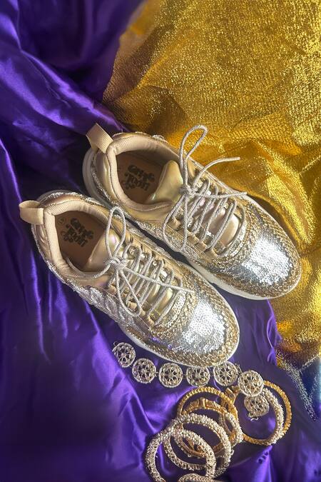 Shop_Chal Jooti_Gold Royal Jewel Embellished Sneakers _Online_at_Aza_Fashions
