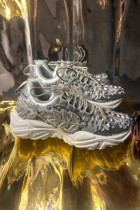 Shop_Chal Jooti_Silver Once Upon A Snowflake Sneakers _Online_at_Aza_Fashions