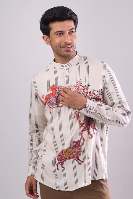 Arihant Rai Sinha_Beige Cotton Digital Printed Short Kurta _Online_at_Aza_Fashions