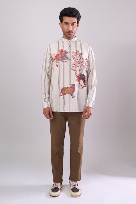 Arihant Rai Sinha_Beige Cotton Digital Printed Short Kurta _at_Aza_Fashions