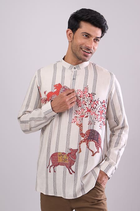 Shop_Arihant Rai Sinha_Beige Cotton Digital Printed Short Kurta 