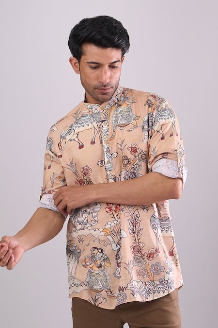Arihant Rai Sinha_Beige Cotton Digital Printed Short Kurta _Online_at_Aza_Fashions