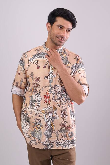 Buy_Arihant Rai Sinha_Beige Cotton Digital Printed Short Kurta _Online_at_Aza_Fashions