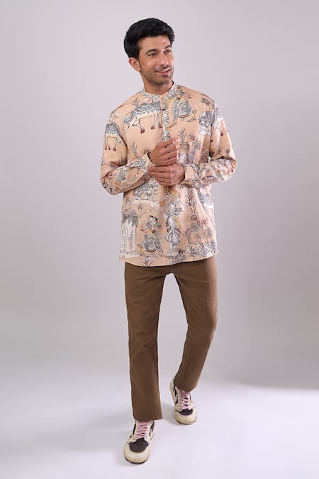 Shop_Arihant Rai Sinha_Beige Cotton Digital Printed Short Kurta _Online_at_Aza_Fashions